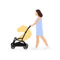 Young mother walking with baby stroller isolated on white background Royalty Free Stock Photo